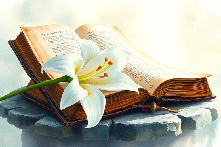 Pintura acuarela de un lirio blanco junto a un libro de oraciones antiguo, irradiando paz y esperanza.