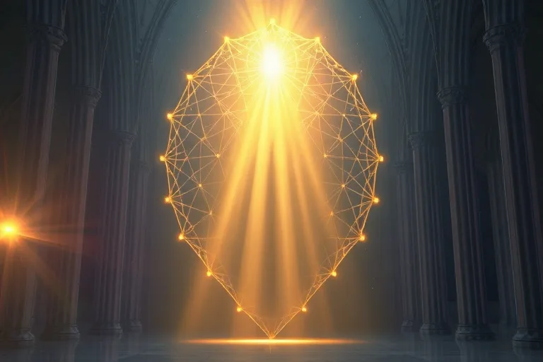 Ilustración 3D de partículas de luz interconectadas formando un escudo protector sobre una figura abstracta, simbolizando la energía de las plegarias colectivas.