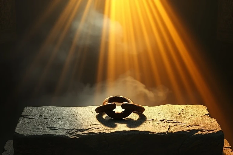 Cadena rota sobre un altar de piedra con luz dorada y niebla oscura, simbolizando la liberación espiritual.