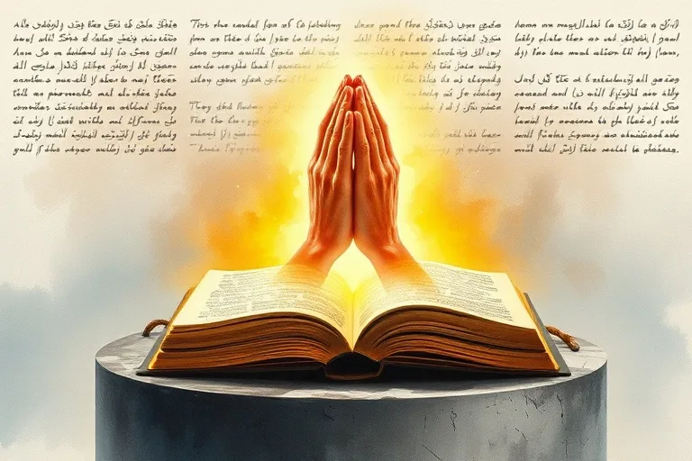 Pintura de acuarela de manos abstractas unidas en oración, rodeadas por un aura protectora de luz, con patrones de escritura antiguos de fondo.