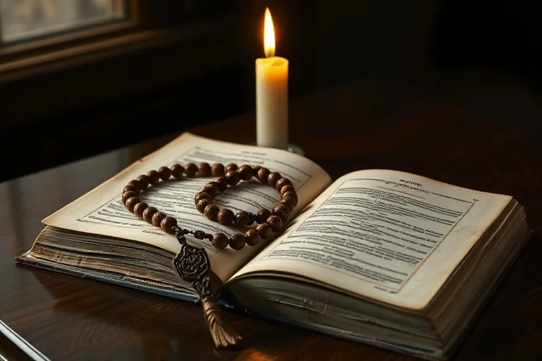 Fotografía de un rosario de madera antiguo sobre un misal abierto con una vela encendida, en una mesa de madera oscura.