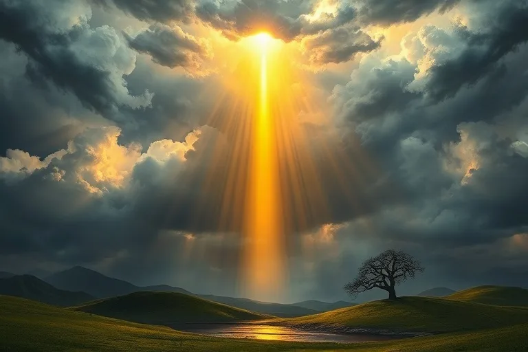 Pintura conceptual de un rayo de luz dorado rompiendo nubes oscuras e iluminando un paisaje sereno, simbolizando gracia divina y reparación.