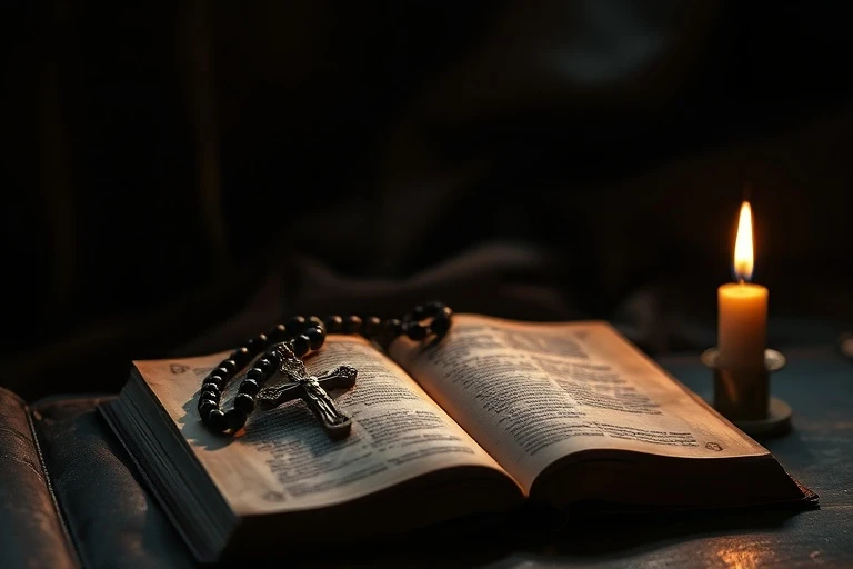 Rosario antiguo sobre libro de oraciones abierto con una vela encendida