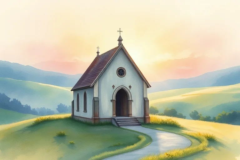 Pintura acuarela de una pequeña capilla en un paisaje sereno al amanecer