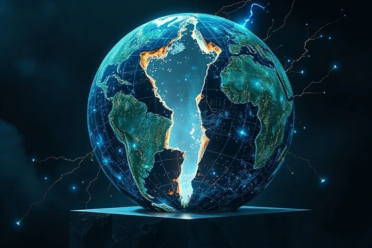 Arte conceptual de un globo terráqueo fragmentado con fallas visibles y patrones atmosféricos, envuelto en código digital, simbolizando la fragilidad global y la interconexión tecnológica.