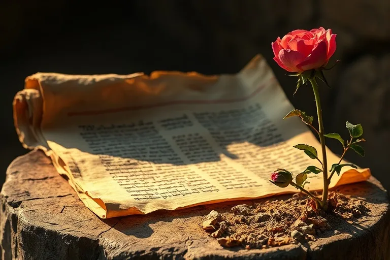 Un pergamino antiguo y desgastado, parcialmente desenrollado, con escritura hebrea antigua visible, iluminado por una luz tenue y mística. A su lado, una rosa del desierto abriéndose paso a través de la tierra árida y agrietada, simbolizando la vida y la renovación en un entorno desolado. La composición evoca una sensación de esperanza y misterio. Sin texto.