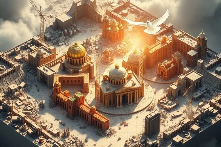 Una representación abstracta de una ciudad en reconstrucción, donde vibrantes patrones geométricos emergen de un paisaje desolado y en ruinas. Una sutil silueta de una paloma resplandeciente vuela por encima, proyectando una sombra de paz sobre la escena. La paleta de colores es cálida y esperanzadora, contrastando con los tonos apagados de la destrucción. Sin texto.