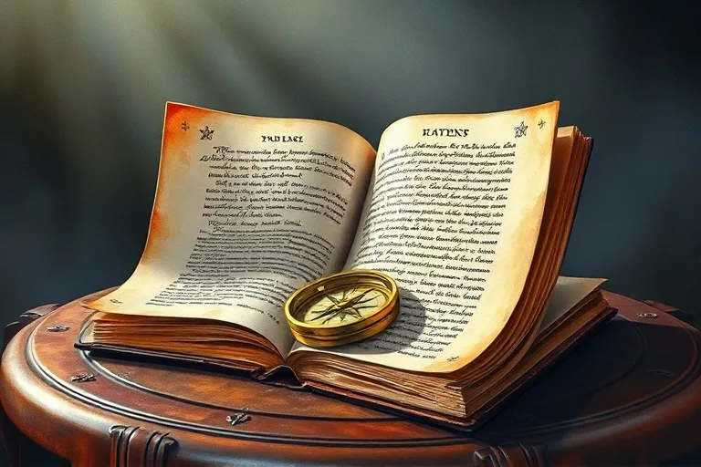 Acuarela de un libro antiguo abierto con páginas ondeando, y una brújula delicada sobre una mesa de madera, simbolizando el destino.
