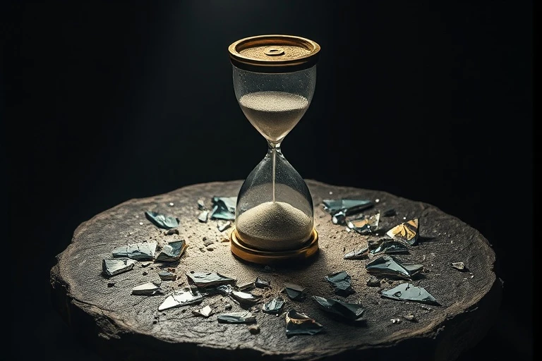 Cinematic still life de un reloj de arena roto con arena esparcida y fragmentos de espejo reflejando luz distorsionada, simbolizando el tiempo y la percepción.