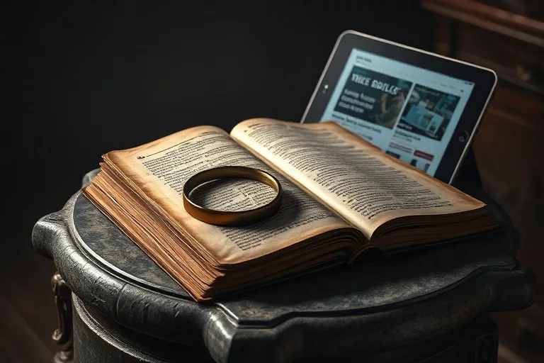 Fotografía cinematográfica de una Biblia antigua abierta junto a una tablet moderna con noticias, una lupa sobre la Biblia, en un escritorio de caoba con luz tenue.