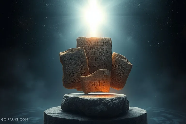 Arte conceptual abstracto de fragmentos de antiguas tablas de piedra con símbolos, flotando en un vacío cósmico, convergiendo hacia un punto de luz, con un fondo etéreo.