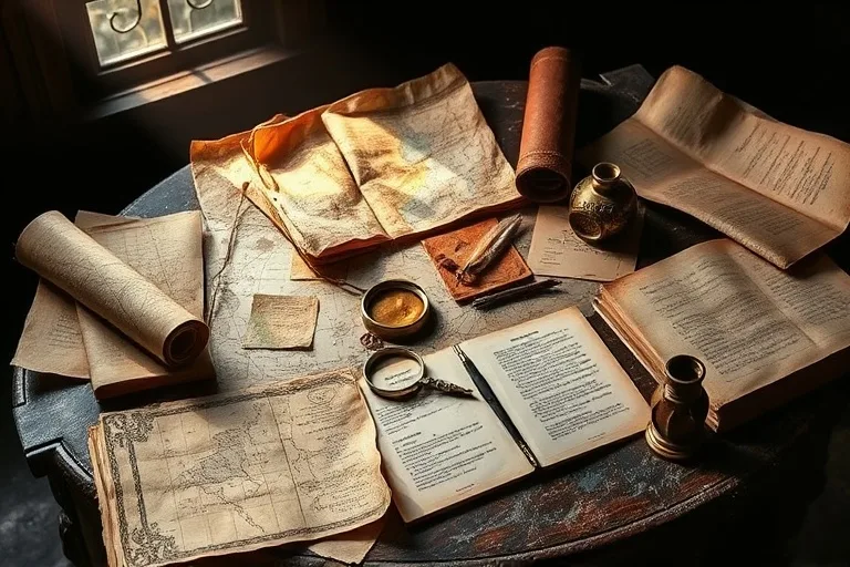 Mapas antiguos y documentos históricos sobre un escritorio de madera