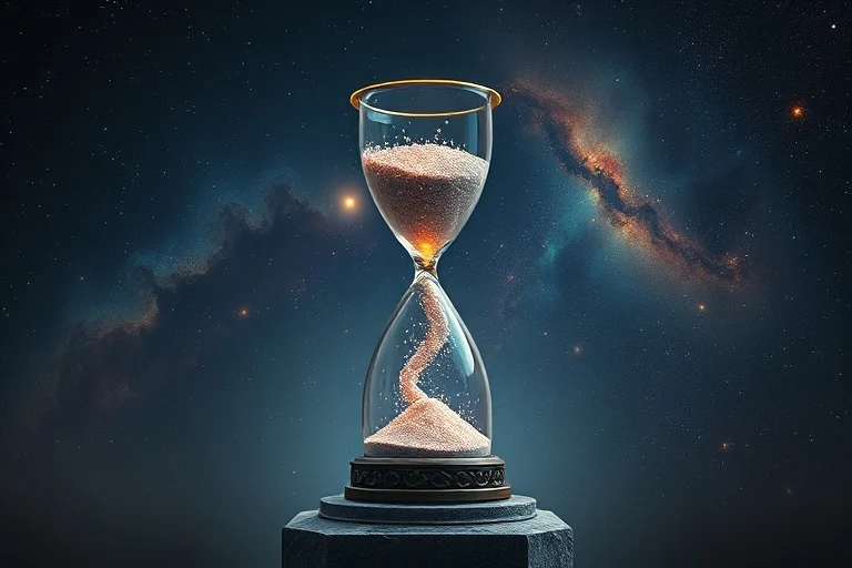 Reloj de arena cósmico con símbolos de eventos globales abstractos.