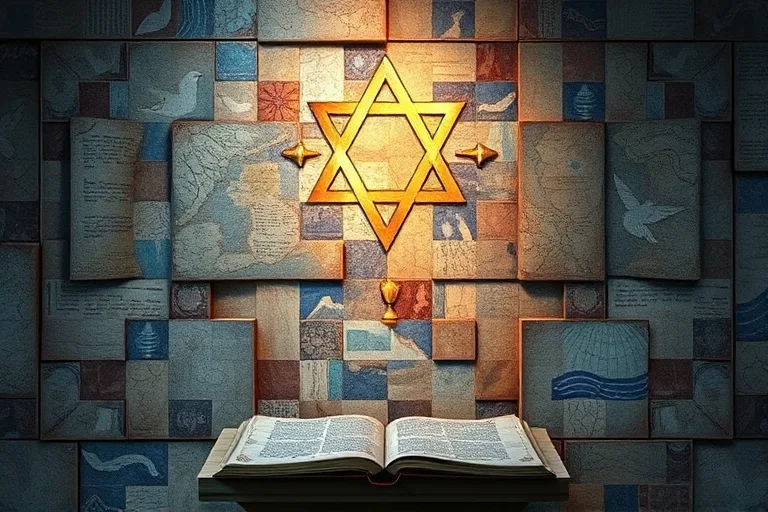 Mosaico abstracto de símbolos de conflicto y paz con una Estrella de David central.