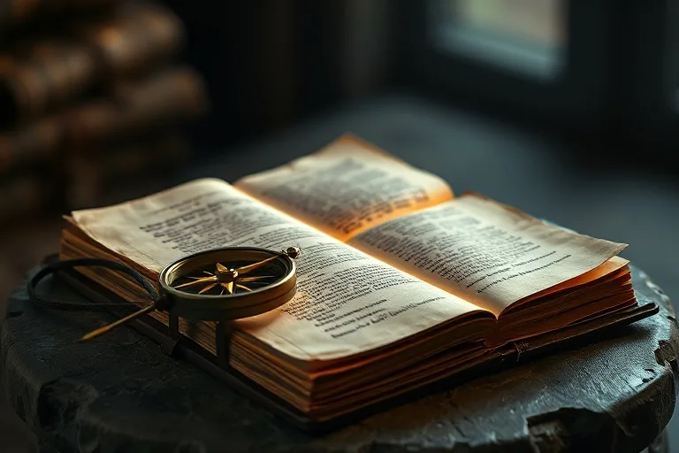 Brújula antigua sobre una Biblia abierta con pasajes iluminados.