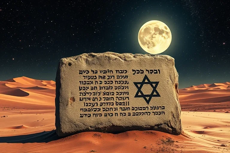 Antiguo grabado de una tableta de piedra con escritura hebrea y una Estrella de David, en un desierto bajo un cielo estrellado.