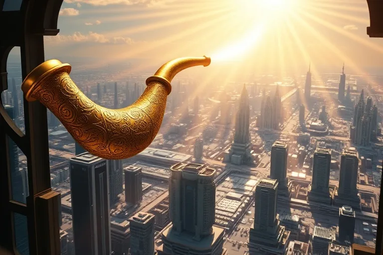 Renderizado 3D de un shofar dorado emitiendo luz sobre una ciudad futurista con un templo brillante.