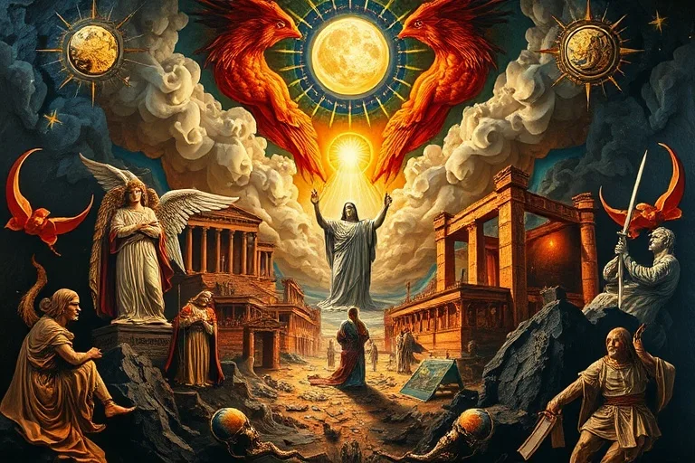 Pintura al óleo de visiones bíblicas de imperios y líneas de tiempo