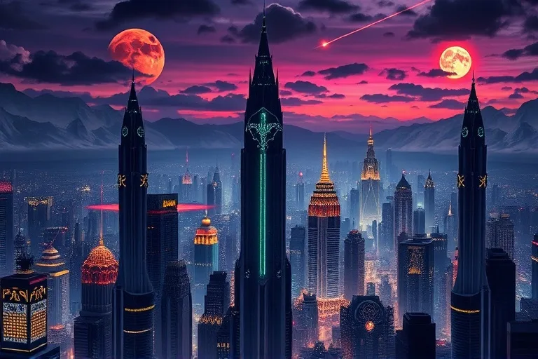Ilustración 3D de una ciudad futurista con símbolos apocalípticos