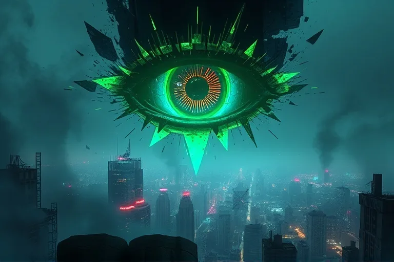 Ilustración digital abstracta de un ojo fragmentado y brillante sobre una ciudad distópica, simbolizando el engaño y la manipulación del Dajjal y el Anticristo.
