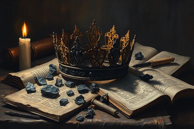 Pintura al óleo de una corona rota de metal oscuro entre textos antiguos y una vela parpadeante, simbolizando el juicio final y el fin del poder terrenal.