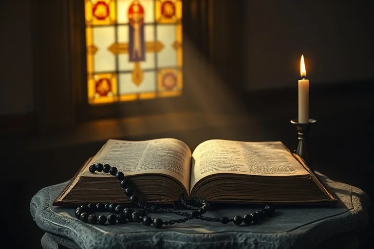 Fotografía cinematográfica de naturaleza muerta, una antigua Biblia de cuero abierta sobre un altar de madera desgastada, iluminada por un rayo de luz dorada a través de una vidriera. Un rosario de cuentas de madera oscura y una vela votiva parpadeante proyectan largas sombras. La escena evoca reflexión solemne y contemplación espiritual.