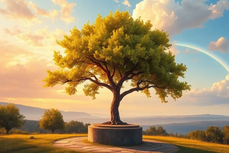 Pintura al óleo de un paisaje sereno que representa un nuevo amanecer sobre una tierra tranquila e intacta. Un árbol vibrante se alza en primer plano, simbolizando la renovación y la vida. El cielo está lleno de suaves y esperanzadores tonos de rosa, naranja y oro, con un arco iris distante y tenue. Las pinceladas son fluidas y expresivas, transmitiendo paz y promesa divina.