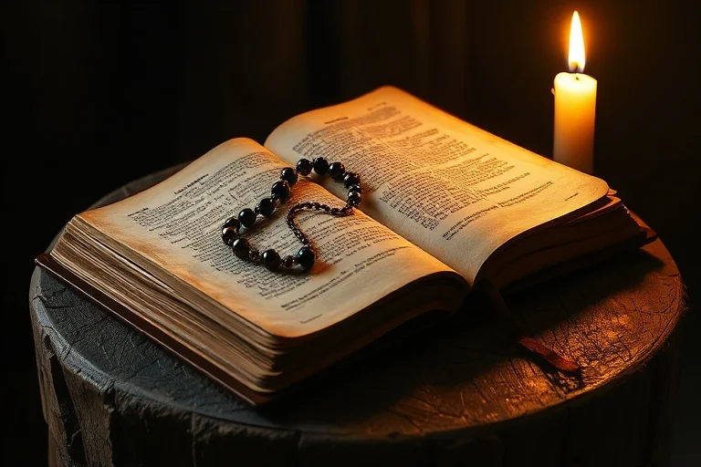 Biblia abierta y desgastada sobre una mesa de madera rústica, iluminada por una vela parpadeante, con un rosario delicadamente colocado sobre las páginas antiguas.