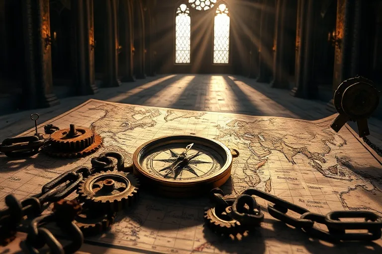 Renderizado 3D de una brújula antigua destrozada sobre un mapa mundial desgastado y doblado, rodeada de engranajes oxidados y cadenas rotas. La escena está tenuemente iluminada, proyectando largas sombras, simbolizando el desorden global y los sistemas fracturados. Estilo de fotografía macro de primer plano extremo.