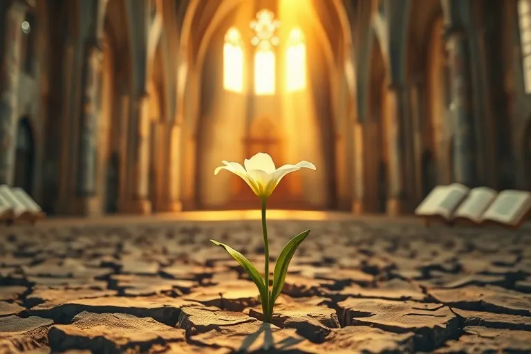 Pintura de acuarela de un lirio blanco radiante que emerge de tierra agrietada, iluminado por una suave luz dorada desde arriba. En el fondo, textos religiosos antiguos borrosos son sutilmente visibles. La escena evoca paz, renovación y resiliencia espiritual. Iluminación suave y etérea, toma macro.