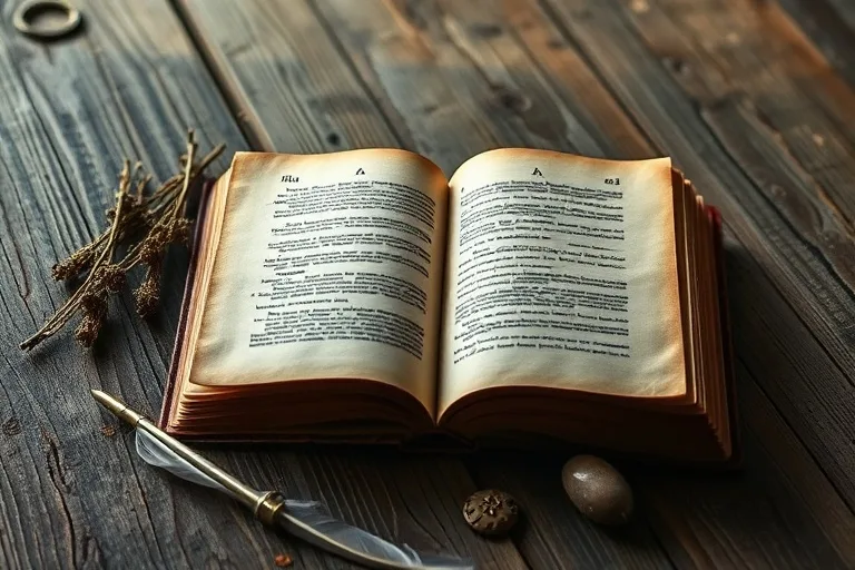 Libro antiguo abierto con escritura desvanecida, rodeado de objetos como hierbas secas y una pluma, evocando sabiduría olvidada.