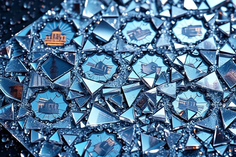 Mosaico de cristales rotos reflejando eventos históricos distorsionados, simbolizando verdades proféticas fragmentadas.