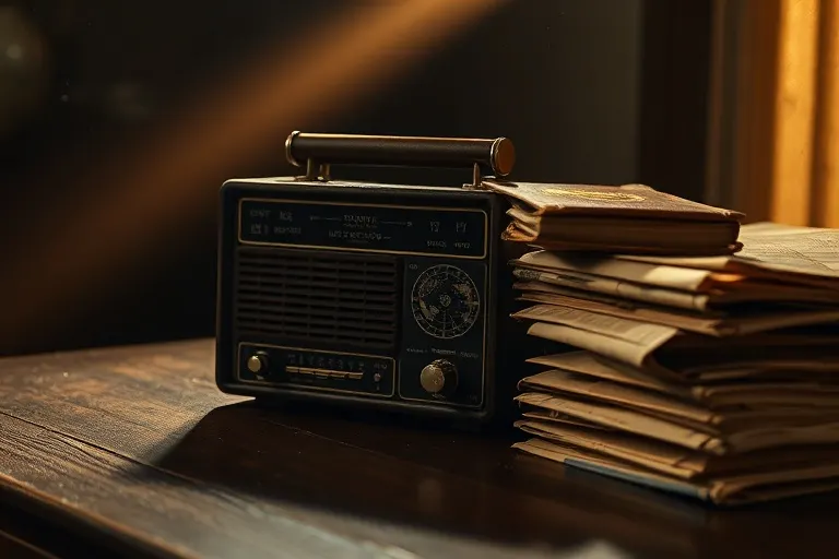 Fotografía cinematográfica de un antiguo receptor de radio de onda corta sobre un escritorio de madera desgastado, iluminado por un único rayo de luz, junto a una pila de mapas mundiales envejecidos y un pasaporte diplomático. La escena evoca la comunicación global y el cambio histórico.