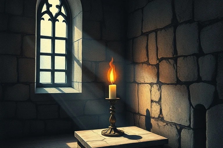 Arte conceptual de una vela solitaria y parpadeante que proyecta largas sombras sobre una pared de piedra antigua y texturizada, con una luz etérea y tenue filtrándose a través de un vitral en el fondo, simbolizando la fe duradera y la esperanza en medio de los desafíos.