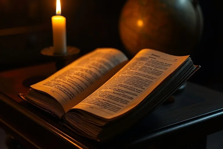 Un breviario de cuero antiguo abierto sobre un escritorio de madera, iluminado por una vela parpadeante, con un globo terráqueo al fondo, simbolizando la continuidad de la fe en la historia.