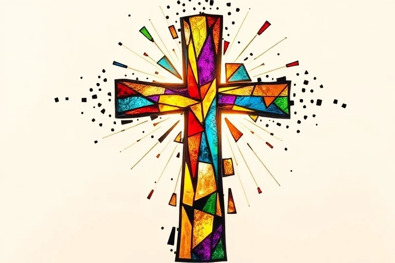 Un mosaico abstracto de vidrios de colores fragmentados que forman una cruz, con una luz etérea de fondo, simbolizando la unidad en la diversidad de la fe cristiana.