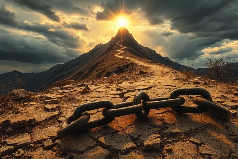 Pintura al óleo de una cadena rota en un primer plano, con eslabones oxidados y dispersos sobre un camino de tierra. Al fondo, un sendero asciende hacia una montaña iluminada por una luz dorada que rompe a través de nubes oscuras. Estilo dramático y simbólico.
