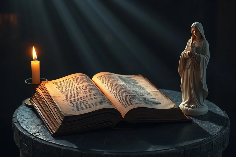 Una antigua Biblia abierta con escritura iluminada y una vela parpadeante, junto a una pequeña estatua de la Virgen María, todo bañado en luz etérea.