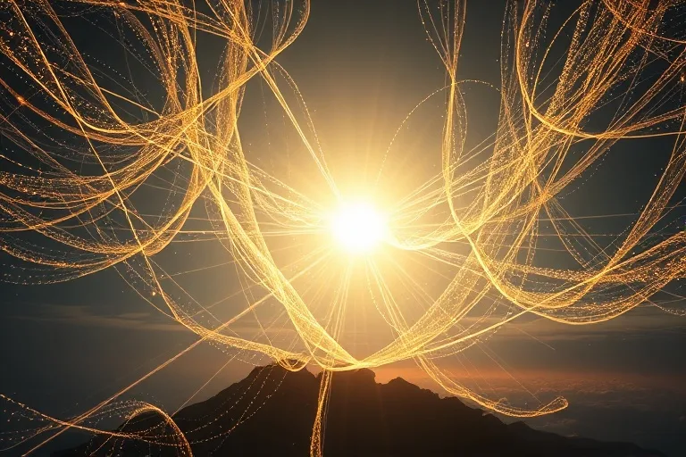 Representación abstracta de un tapiz global con hilos de oración y arrepentimiento que convergen hacia una luz divina central, simbolizando la unidad espiritual.
