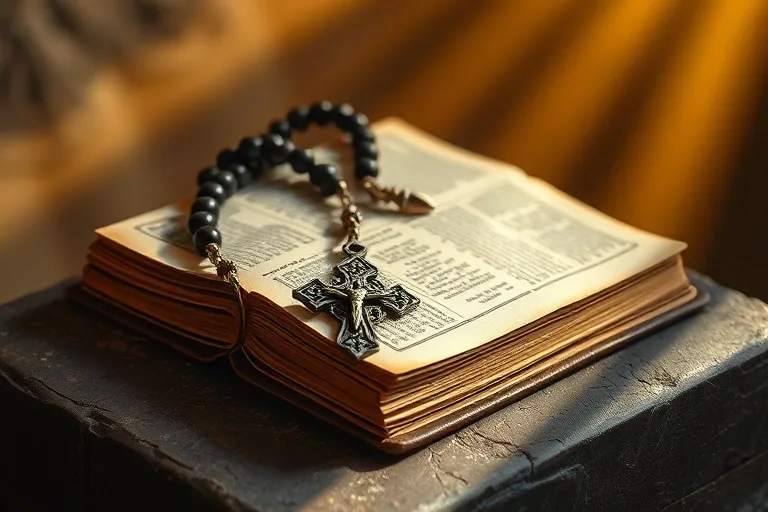 Rosario antiguo sobre libro de oraciones en un altar