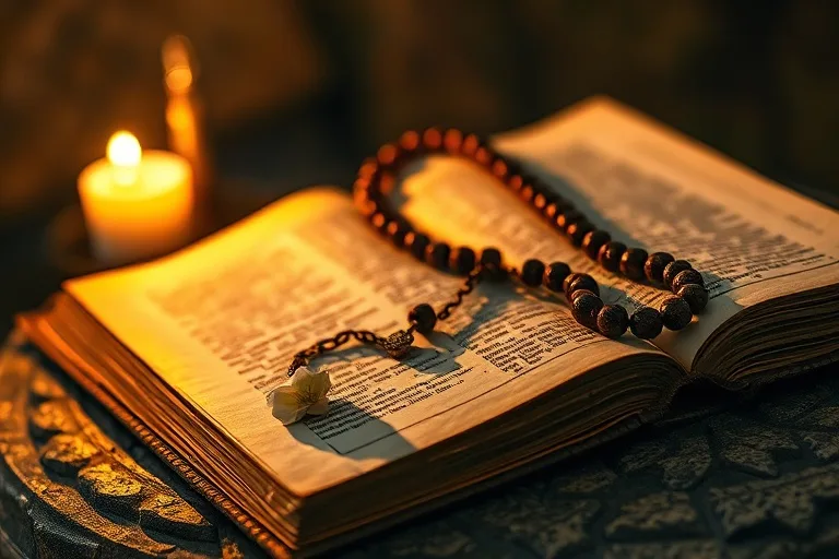 Fotografía macro de un rosario antiguo sobre una Biblia abierta con luz de vela y una flor blanca.