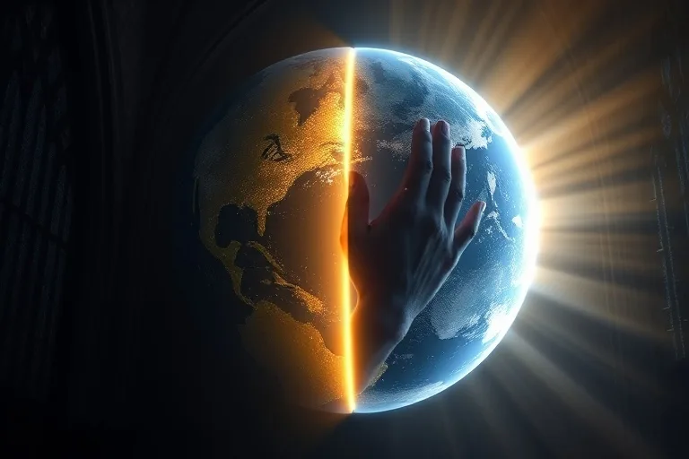 Ilustración 3D de un globo terráqueo dividido entre sombra y luz, con patrones de manos unidas.