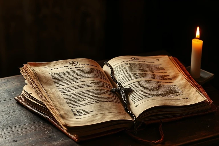 Libro antiguo 'Prophetiae' abierto en un escritorio de madera, con una pluma y un reloj de arena, luz solar a través de vitrales.