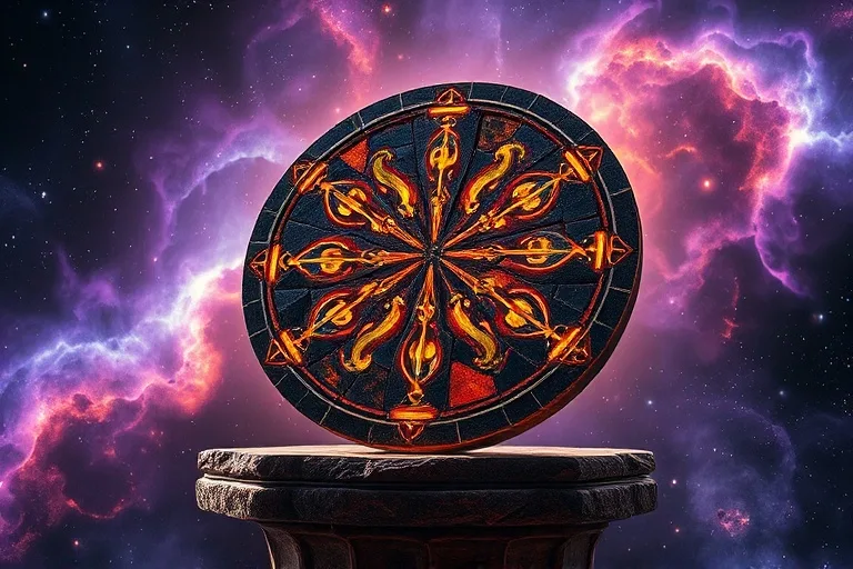 Fragmentos de mosaico de un escudo papal flotando en el espacio, rodeados de nebulosas, simbolizando profecías y el tiempo.