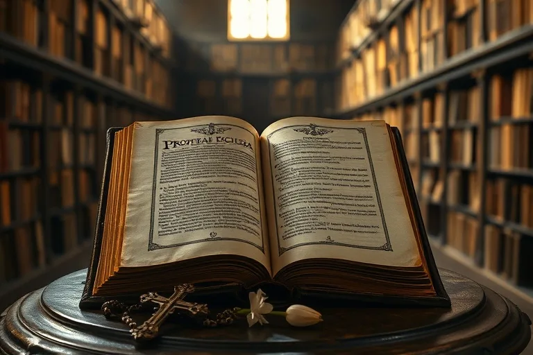 Libro antiguo abierto con el título 'Profecías', una pluma de ave y una lámpara de aceite encendida sobre un escritorio de madera, evocando un ambiente de estudio y misterio histórico.