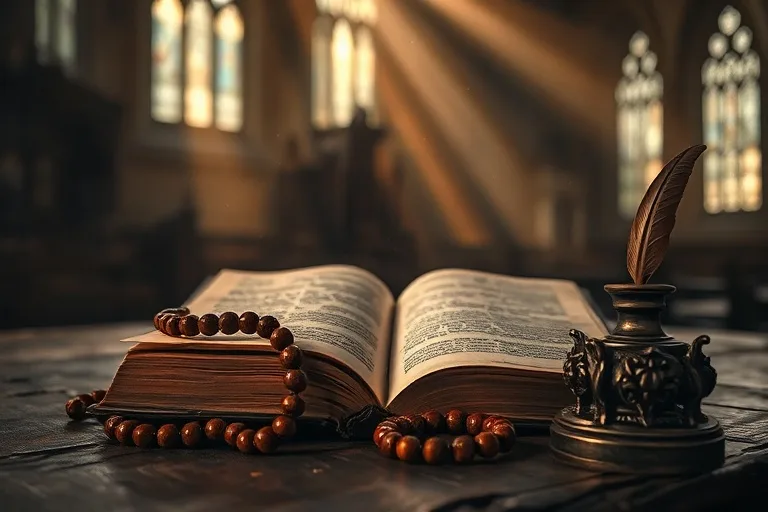Una antigua Biblia abierta sobre un escritorio de madera, con un rosario de cuentas de madera y un tintero con una pluma de ave, todo bañado por una luz cálida y misteriosa.