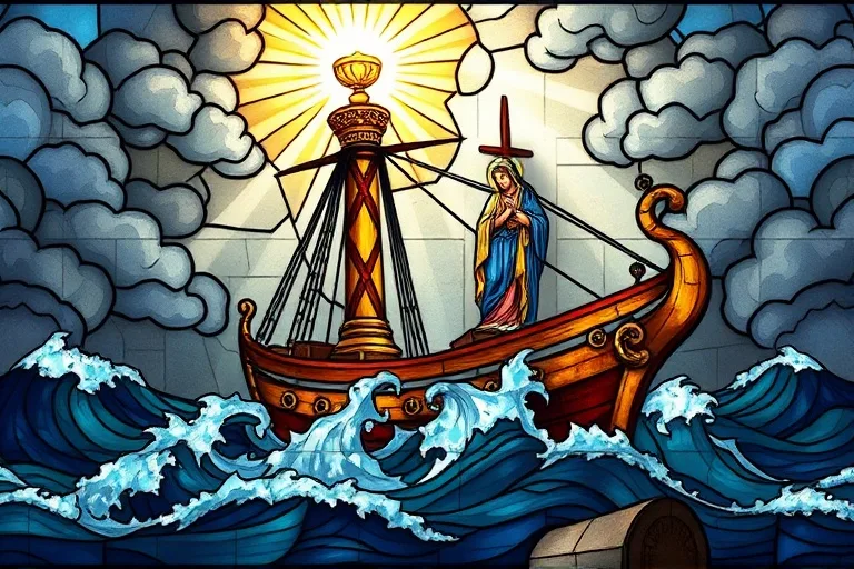 Arte conceptual de vitral que representa un barco estilizado navegando en un mar agitado, con dos grandes columnas emergiendo del agua, una con una hostia y otra con una figura de la Virgen María, iluminadas por un rayo de luz celestial.