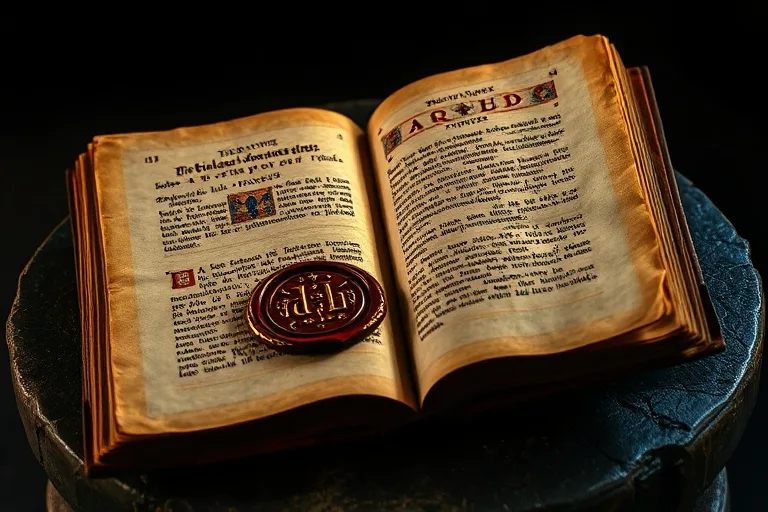 Fotografía macro de un manuscrito medieval abierto con caligrafía iluminada y un sello antiguo