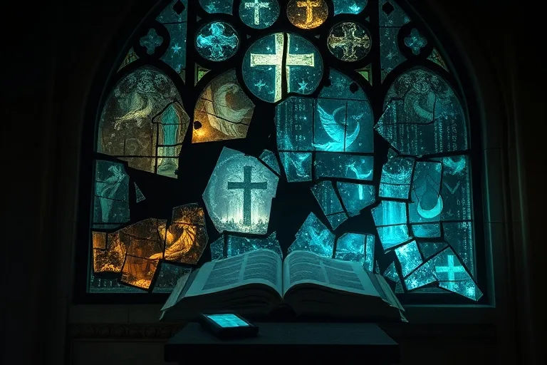 Arte conceptual de una vidriera rota con símbolos religiosos abstractos y flujos de datos, representando el debate moderno
