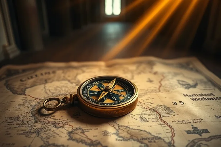 Una antigua brújula de latón sobre un mapa desgastado, con un rayo de luz divina incidiendo, simbolizando la guía espiritual y el destino